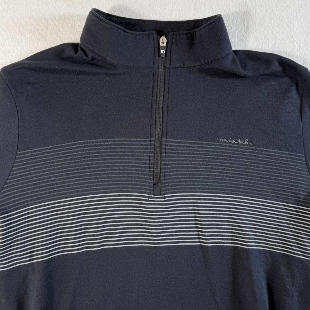 Travis Mathew 1/4 Zip Pullover Mens Medium Striped Mock Neck Charcoal Black